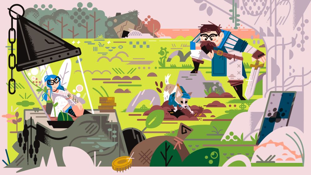 2025 full color magic the gathering playmat commission 

A man and his dog dig in a field for treasure, while his fairy companion rests in a lantern, expressing very mild interest. 