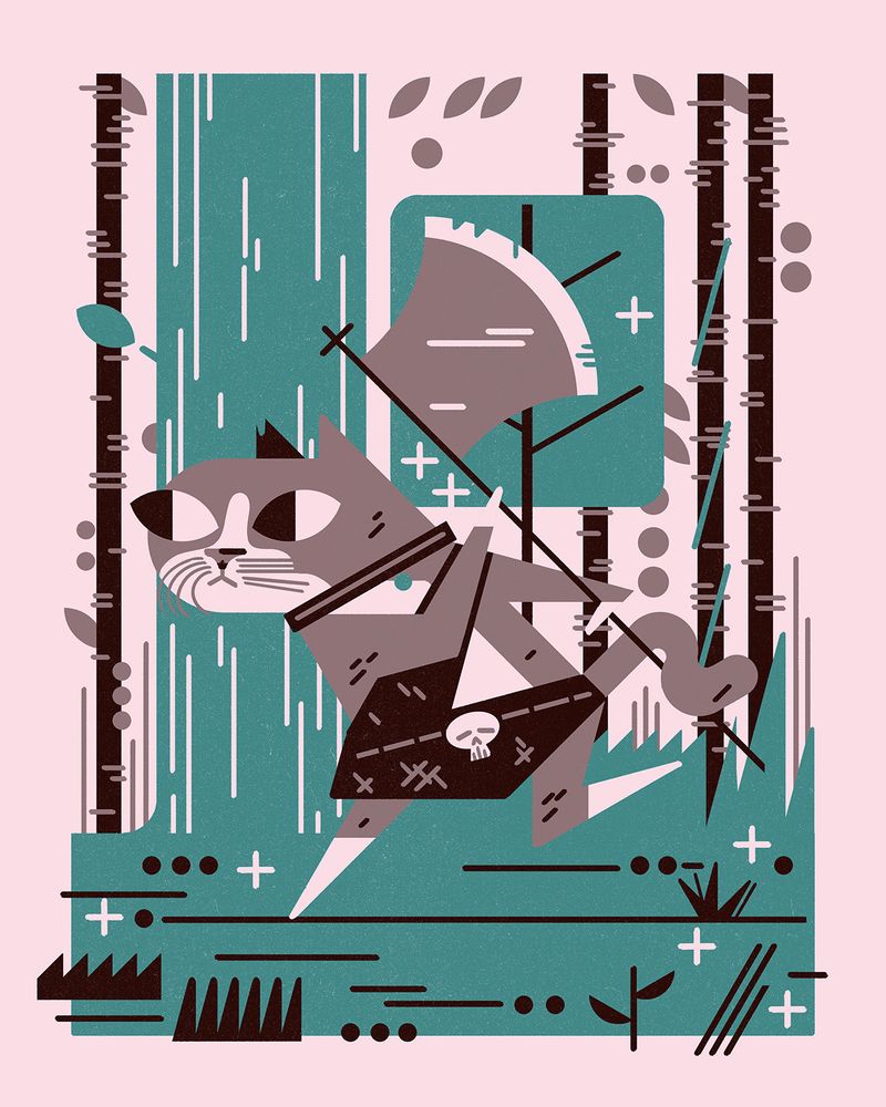2021 rpg pet portrait- part of a triptych. A grey cat runs through a blue forest, with a great axe raised.