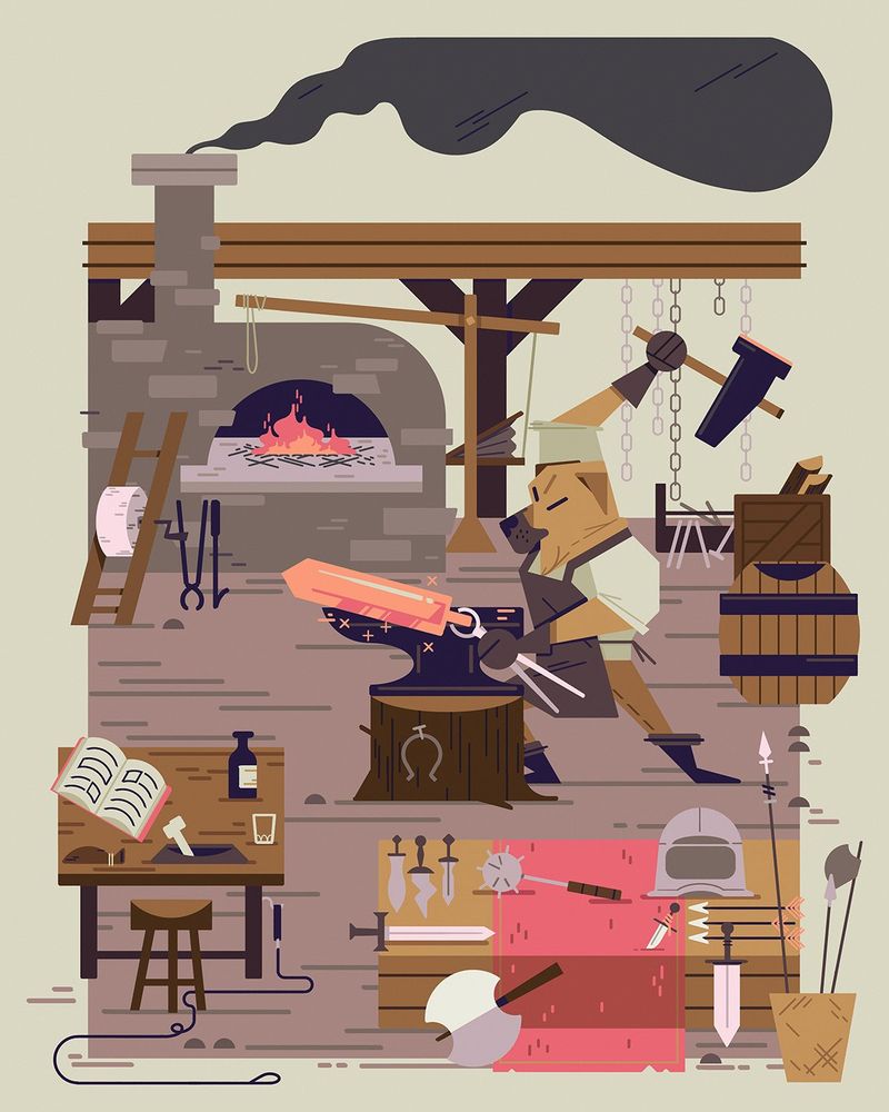 2021 pet portrait commission of a dog working steel in his covered but open air workshop. finished works lay on a front table for sampling and sale. a small table away from the fire holds his bowl, a book, a small bottle of beer, and a leash on the floor. 
