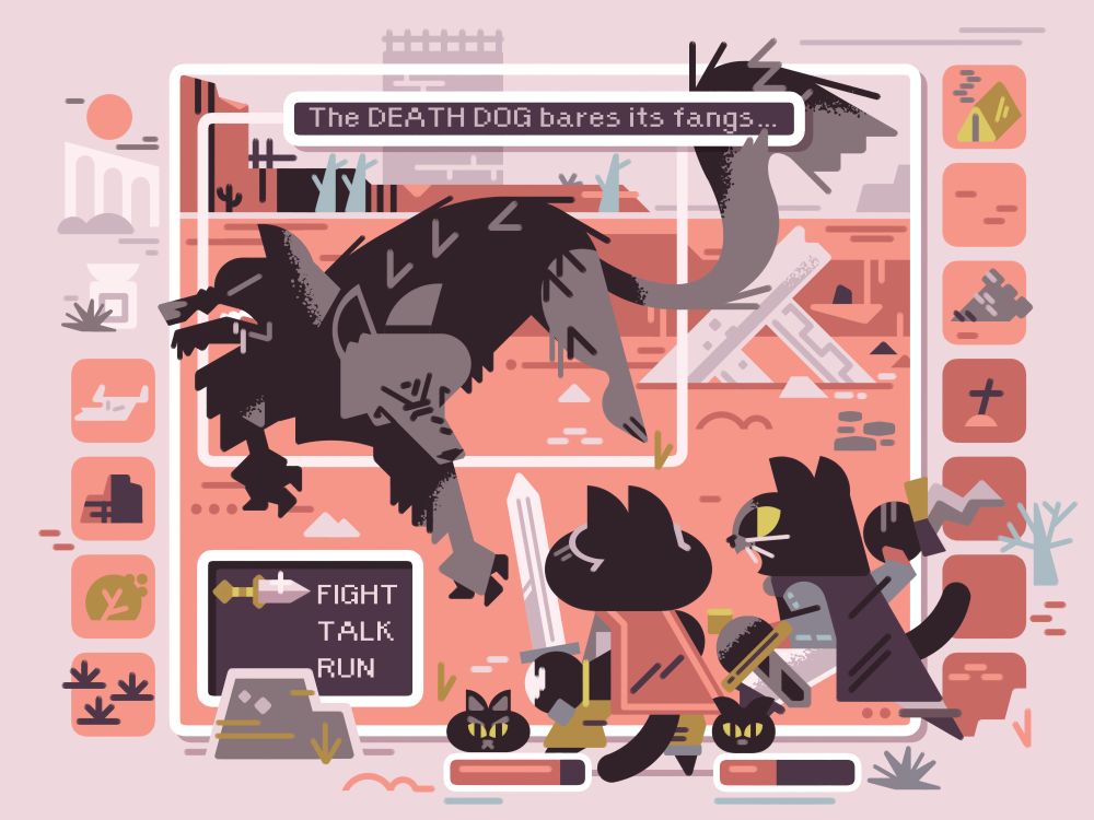2023 commission in the style of a rpg/tactics battle screen. 

two cats, a hero and rogue, face down a snarling two headed dog in a desert in a framed encounter, featuring healthbars and a selection screen. the edges of the frame are decorated with tactic game board squares.