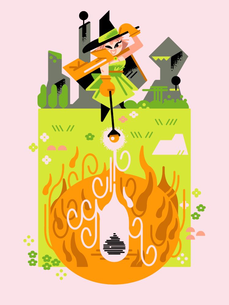 2024 commissioned fan art 

A female mage from dragon quest III casts an intermediate level fire spell on a slime, incinerating it.