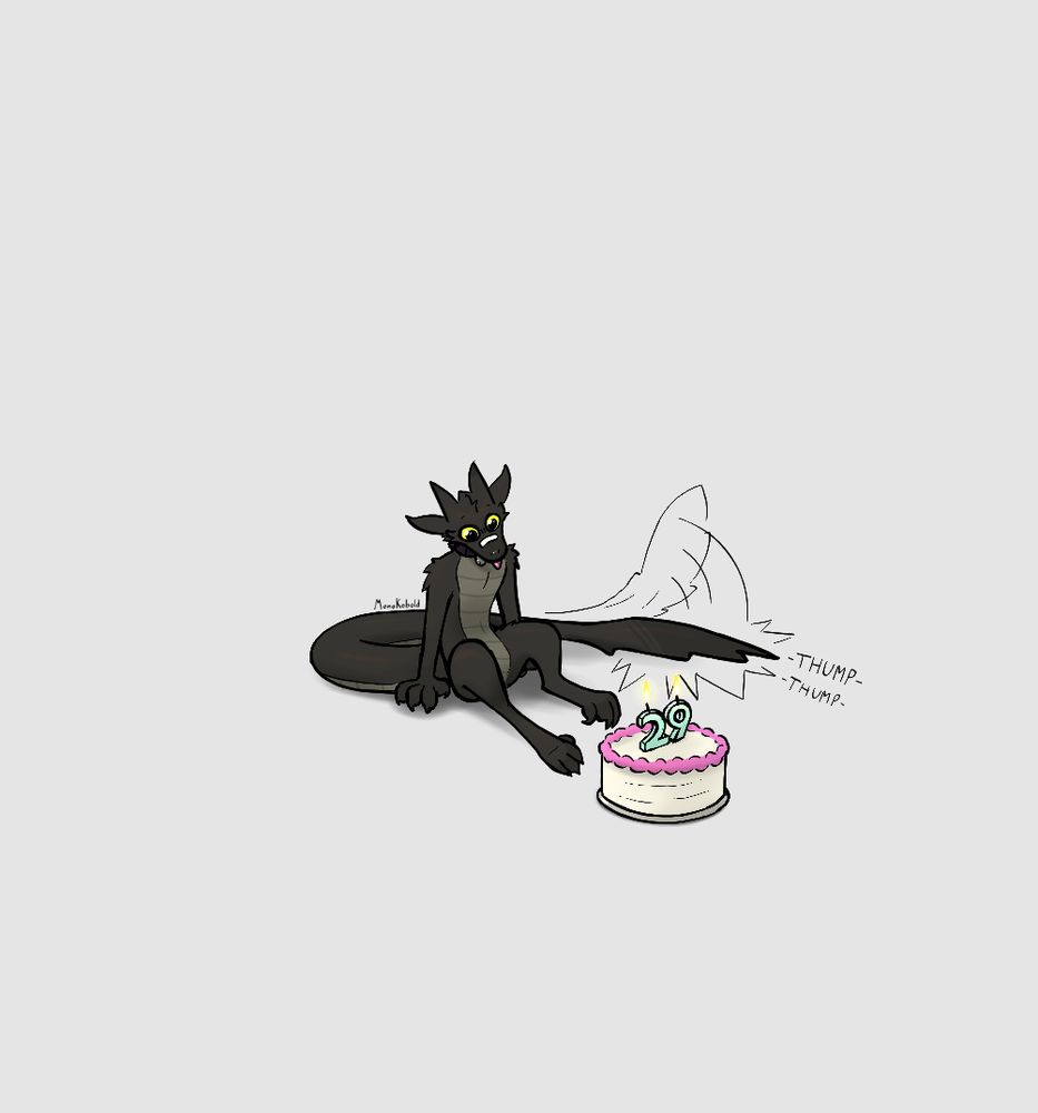 A fluffy kobold is sitting on the floor with his tail thumping, staring excitedly at a birthday cake in front of him.  Lit candles shaped to the number 29 are on top of the cake.
