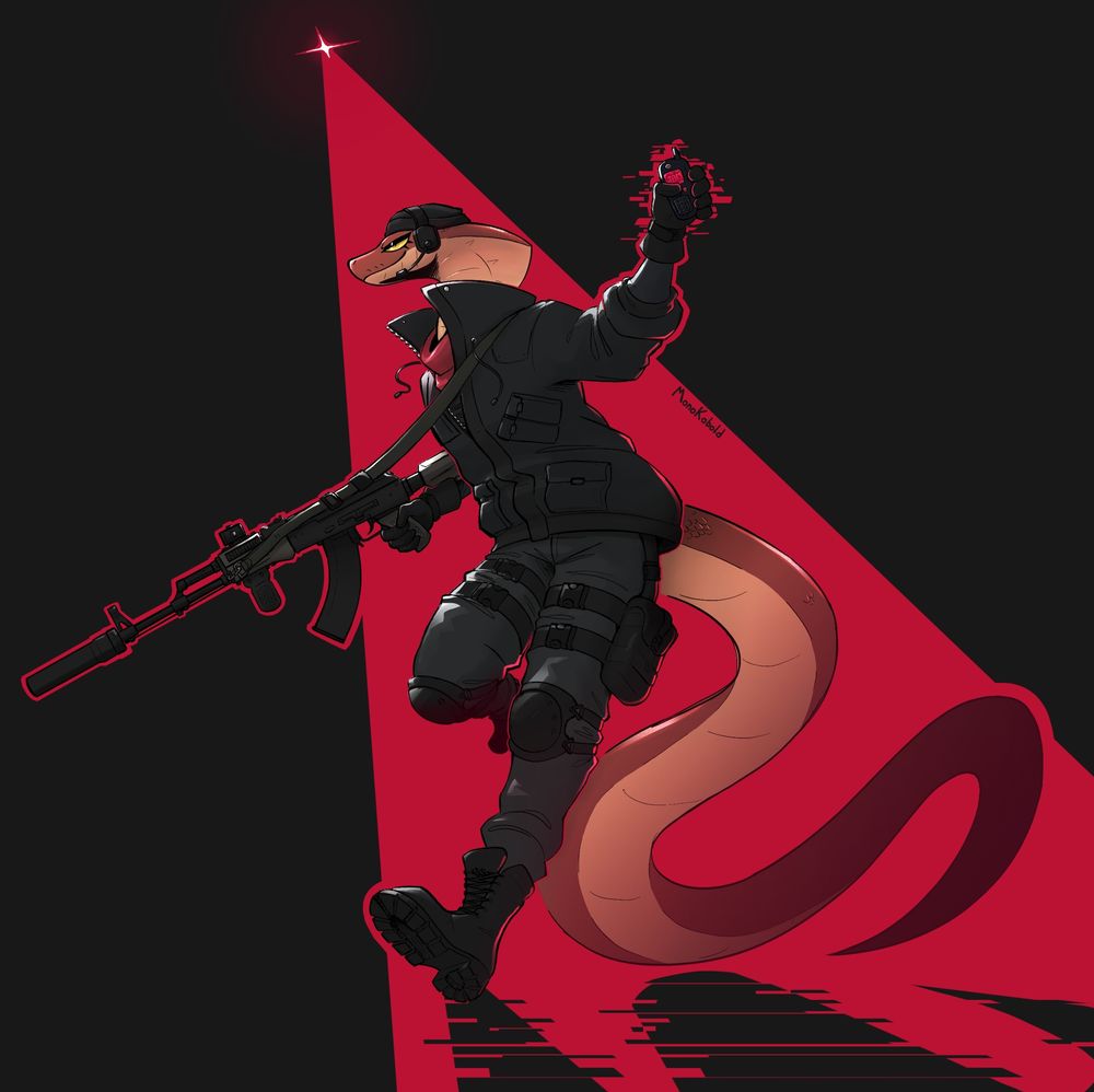 Anthro cobra snake evading the red spotlight of a surveillance drone.  He has a custom AKM in one hand and a modified phone in the other which he uses to jam the drone.