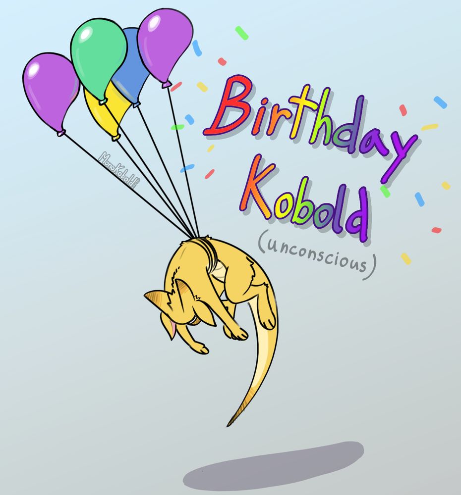 an unconscious kobold with balloons tied around his waist floating off