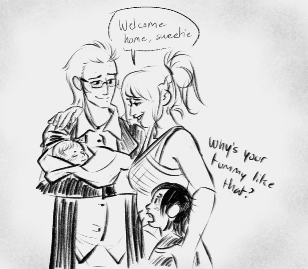 Lunafreya embraces her arms around Ignis's shoulders and around a small child with black hair, similar to Noctis. In Ignis's arm is a swaddled baby who sleeps serenely. Lunafreya: "Welcome home, sweetie." Child: "Why's your tummy like that?"