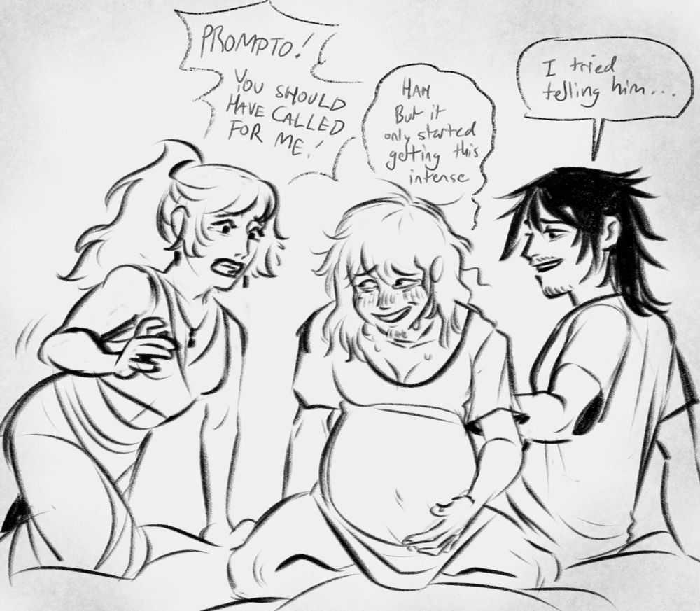 Prompto sits on his knees, sweaty and flushed, with Noctis rubbing his back and Lunafreya rushing to get on the bed with them. Luna: "Prompto! You should have called for me!" Prompto: "Hah but it only started getting this intense." Noctis: "I tried telling him..."