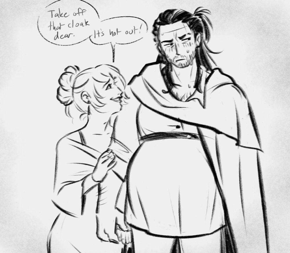 Lunafreya holds hands with Gladio, who is wearing a heavy cloak and loose fitting top to go over his pregnant belly. Luna: "Take off that cloak dear. It's hot out!"