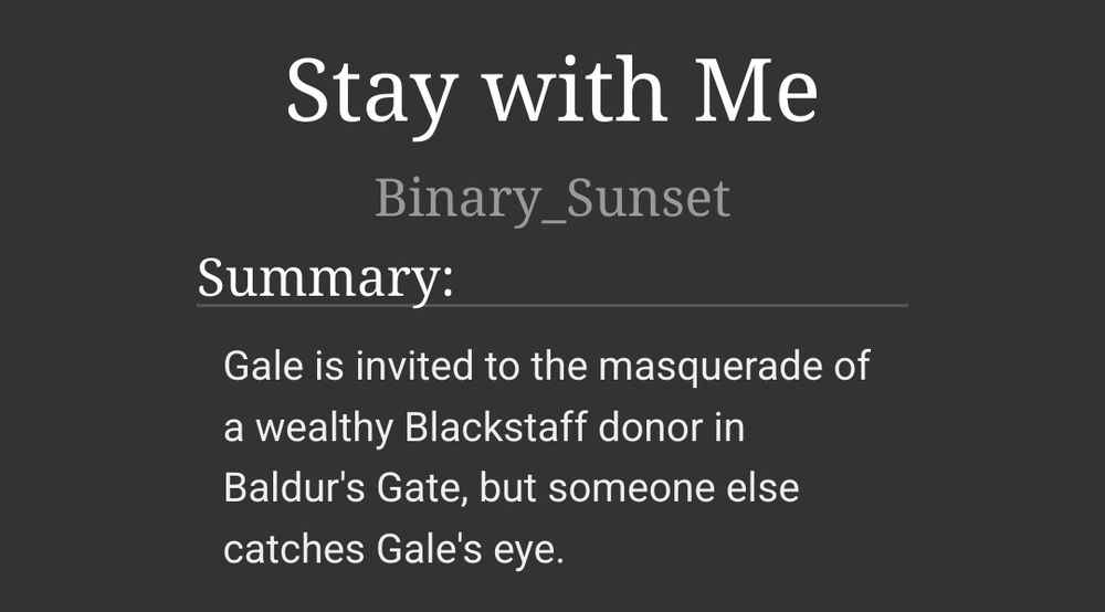 A screenshot displaying the fic title "Stay With Me" by Binary Sunset