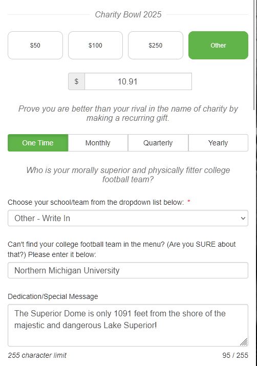 A New American Pathways donation form for $10.91 for Northern Michigan University. The special message says "The Superior Dome is only 1091 feet from the shore of the majestic and dangerous Lake Superior!"