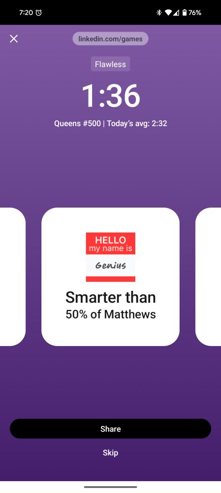 A screenshot of LinkedIn's "Queens" game scoring page that says "Smarter than 50% of Matthews"