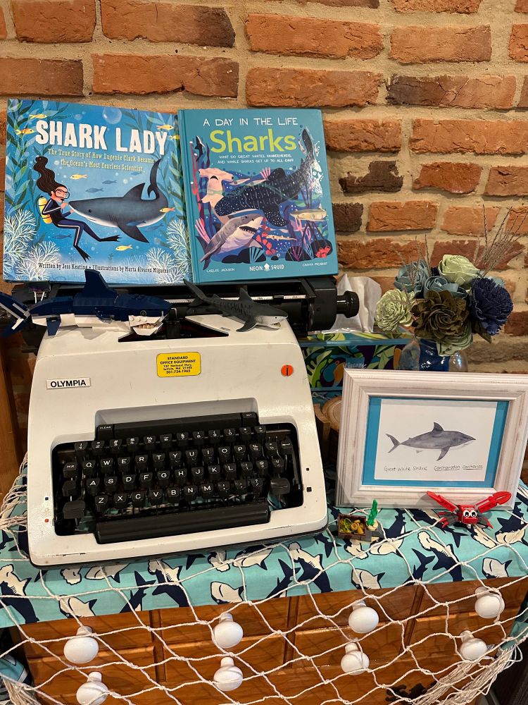 Two childrens books about sharks - Shark Lady by Jess Keating, and A Day In The Life of Sharks by Carlee Jackson and Chaaya Prabant propped atop a white vintage typewriter. A dark blue lego shark and plastic tiger shark toy sit in front of the books. To the right, a small framed print of a Great White Shark in a white frame sits in front of a jar of blue flowers. Everything is on top of a dresser draped in shark patterned fabric overlaid with decorative fishermans’ netting.