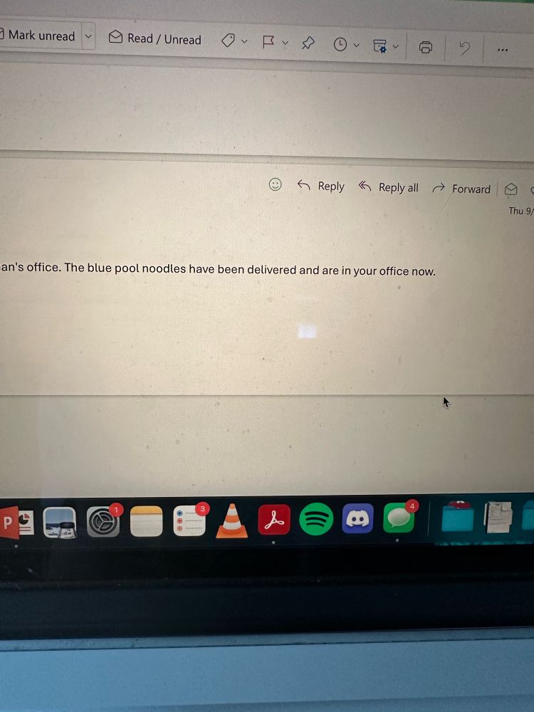 Screenshot of an email that says “The blue pool noodles have been delivered and are in your office now.”