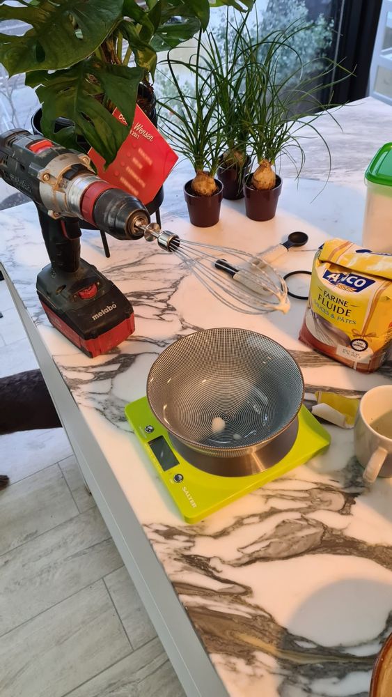 Drill with whisk attached 
