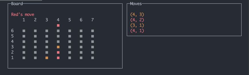 Connect-four interface in the terminal. Left shows the board, right shows the move history.