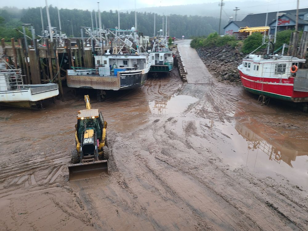 A backhoe driving on the mucky bottom of a wharf (or harbor?). Several fishing boats are sitting on their keels well below the level of the dock. The tide in this area is ~40 feet. 