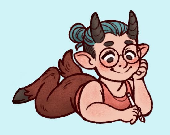 A chibi drawing of a satyr with horns, brown fur, and teal hair with an undercut. They're wearing glasses and drawing with a stylus.