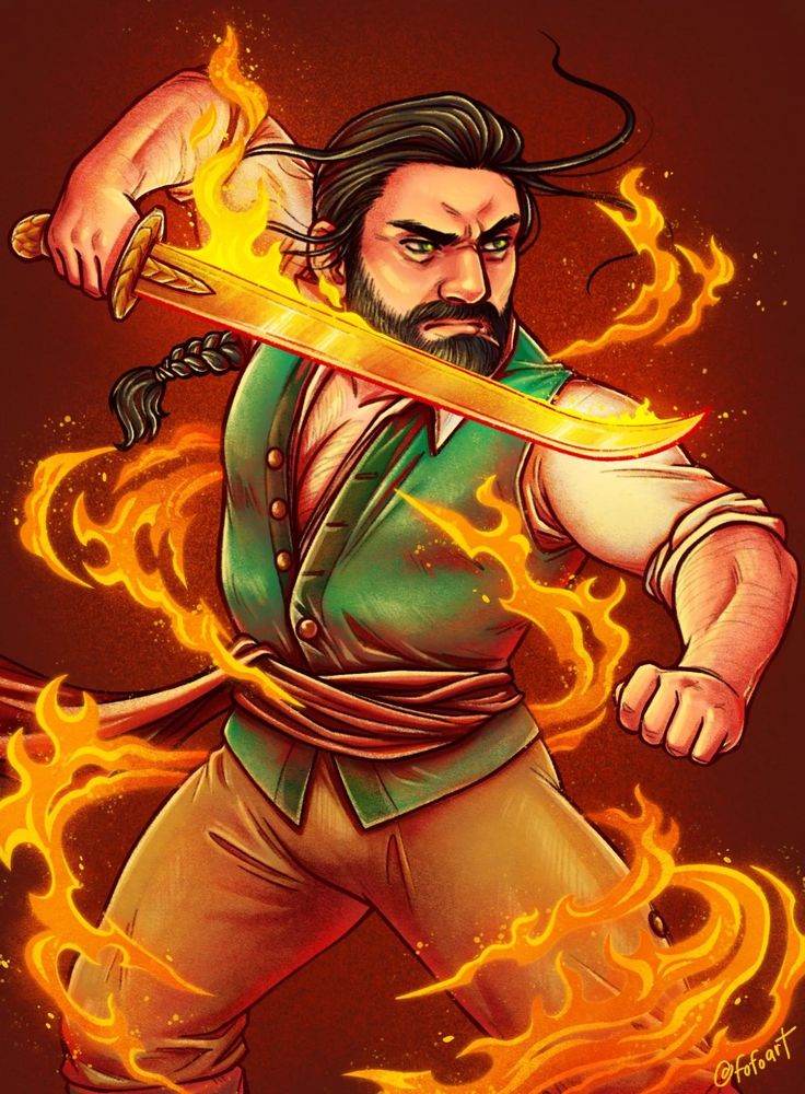 A pathfinder 2e OC named Tito. He is a dwarf monk/barbarian surrounded by an aura of fire, wielding a curved temple sword with dragon scaled on the hilt. The blade glows with bright flame. He has a serious aggressive expression, in an offensive pose. Wearing tan breeches, a white shirt with a green vest over it, and long black hair on a thick braid down his back. 