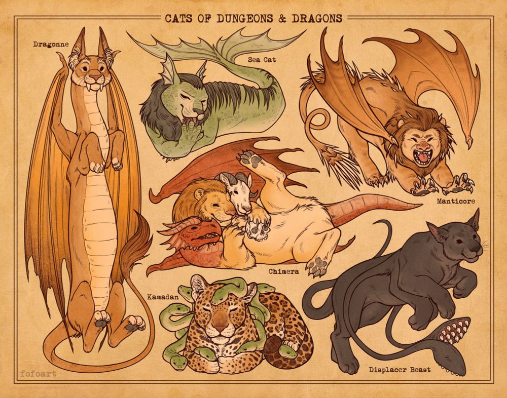 An illustration of Dungeons and Dragons monsters that resemble cats in cute poses. They are drawn with inked line work and textured flat coloring. There’s a Dragonne, sea cat, manticore, chimera, kamadan and displacer beast. The background has a textured old paper look. 