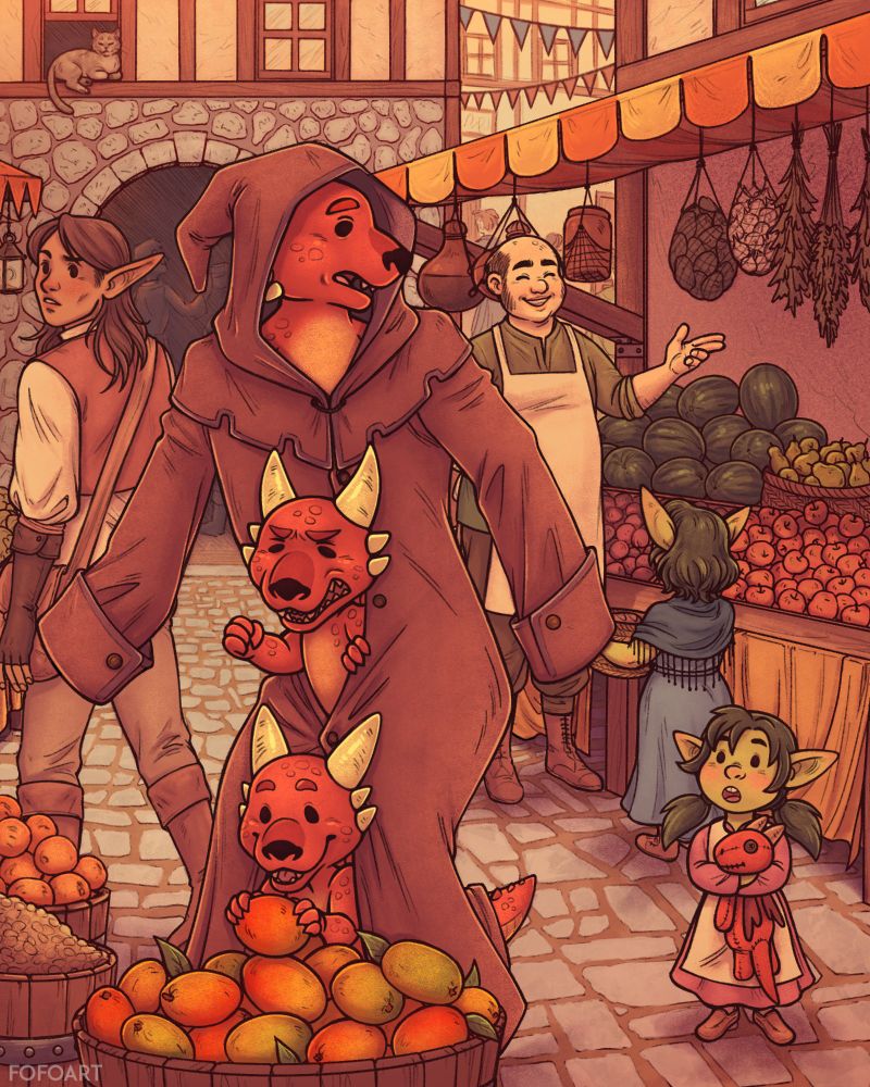 An illustration in warm, red-orange tones, depicting a fantasy marketplace. In the foreground are three kobolds in a coat, standing on each other's shoulders. The bottom one has gotten distracted by mangos, while the middle one is angry and fussing at them. The top kobold is looking panicked towards a small goblin girl who has noticed them. The girl is holding a dragon plushie. 