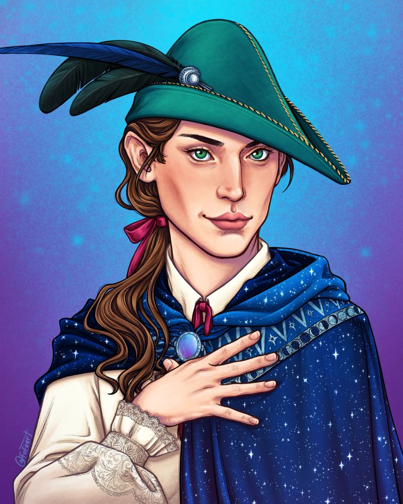 A rendered portrait of Etienne, a human bard. They have bright green eyes with long silky chestnut brown hair pulled back with a pink ribbon. They’re wearing a green bycocket with three feathers held in place with a moon brooch. As well as a lacy cream shirt under a magical cloak, stars embroidered on it and held closed with a mirrored clasp.