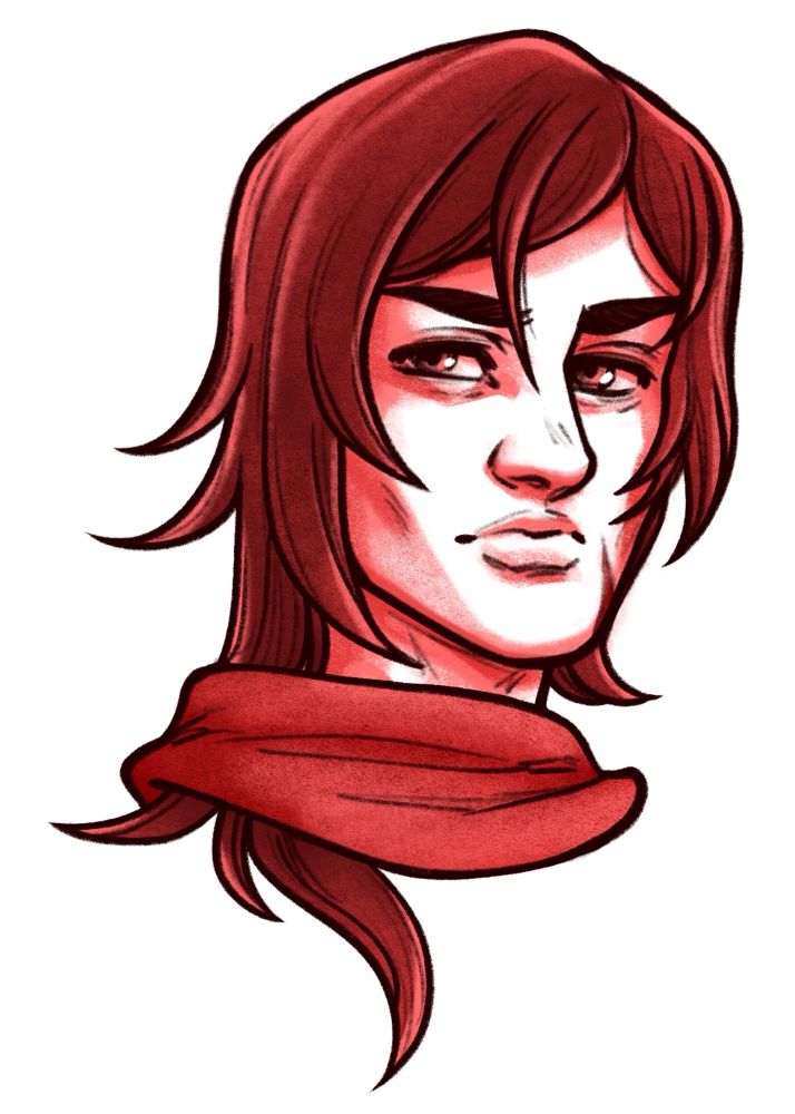 A headshot sketch of a broody boy with long dark hair and a scarf around his neck. It’s colored in monochrome red tones.