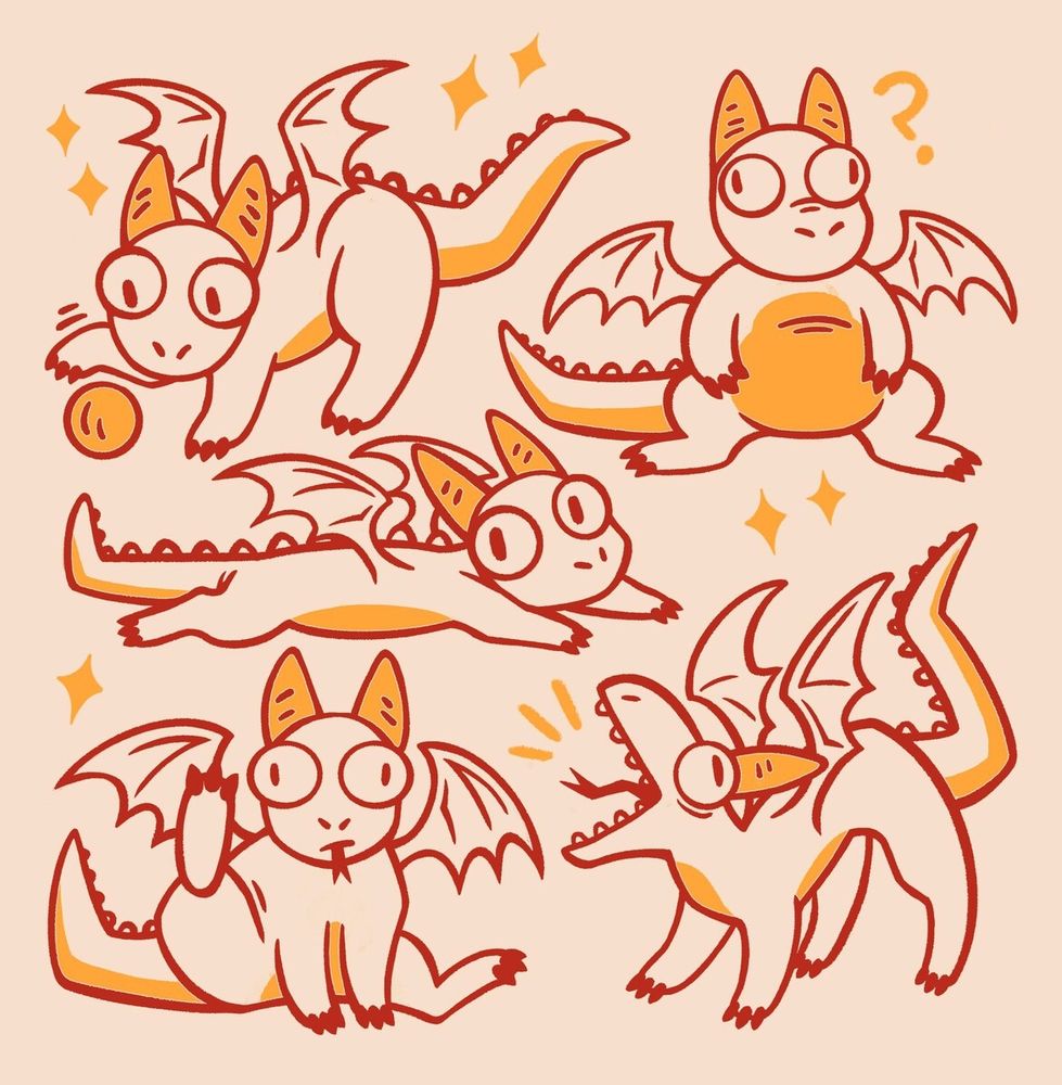 A mock up of a screenprinted tshirt design featuring cartoon derpy dragons. The background is a cream color, the print red and gold.