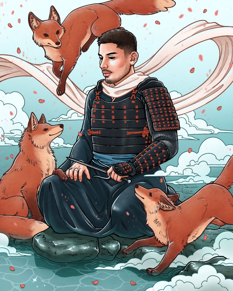 An illustration of a Scion named Jason--a Japanese man kneeling beside a hot spring pool, looking down into the waters thoughtfully. He's wearing black samurai armor with red knots, and a long white scarf that drifts mystically on the breeze. In his hand is a sai. Stylized mist swirls around him. Three red foxes dance around him.
