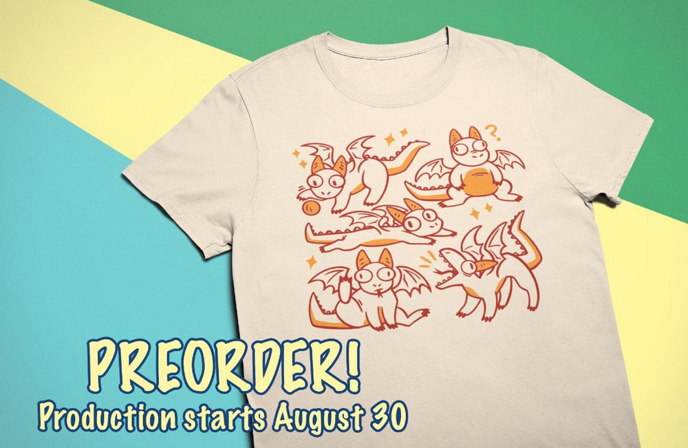 A mock up of a screenprinted tshirt design featuring cartoon derpy dragons. The shirt is a cream color, the print red and gold.