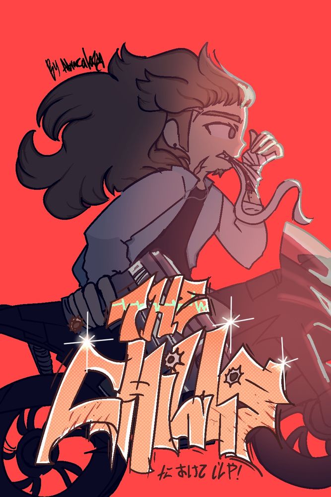 Descriptive alt text? Ok!

A young man with long blonde ashy hair with silver eyes wearing a teal and white jacket with light green pants and army green rubber toed sneakers holding a gun and tearing of his bandaid with his teeth, without using his hands to steer his black motorcycle. WE’RE GONNA CRASHHHHH