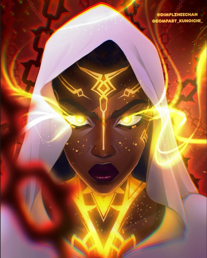 Digital portrait illustration of Mel Medarda from the Arcane series. The subject is shown shoulder up, with chains in the front and back of her with a red background. She has gold glowing from her eyes and body