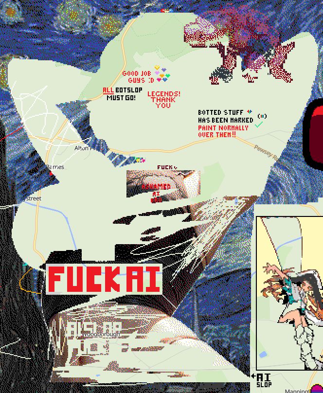 A scene from wplace.live. A large-scale image has been mostly erased, leaving behind a silhouette against a bluish backdrop. What remains of it has been defaced with anti-AI statements (including "FUCK AI" prominently near the middle) and/or scribbles left by other people, and the main erased part with messages left like "Good job guys", "Legends! Thank you", "Botted stuff has been marked, paint normally over them". The image in question is (was) a sexy pinup design of the character 2B from Nier Automata, shown from the waist up.
