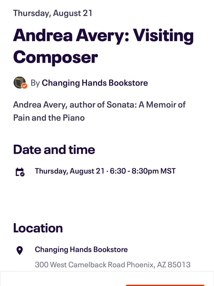 Andrea Avery will be reading, discussing, and signing her new novella, Visiting Composer, on August 21 at Changing Hands Bookstore, 300 W. Camelback Rd., Phoenix. The event begins at 6:30 pm and is free. 