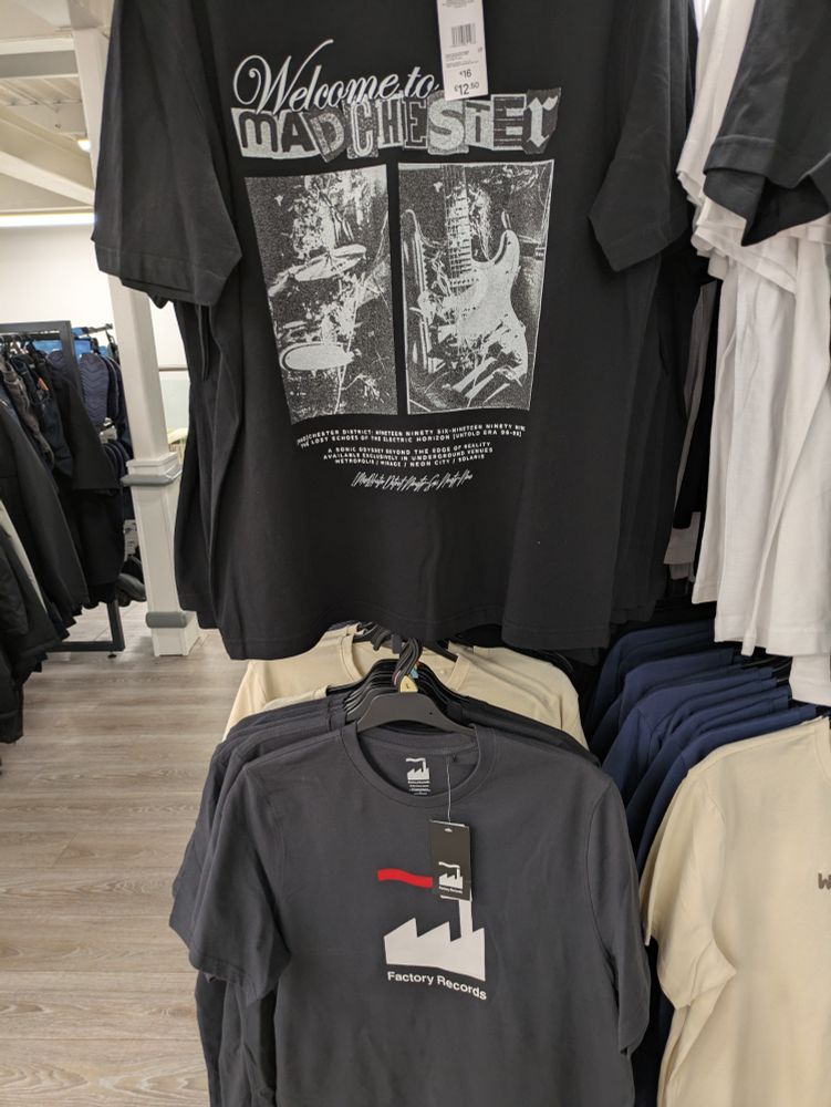 Awful mancunian manufactured nostalgia (in the form of Madchester and Factory t-shirts on sale in Tesco) that the city would do better without