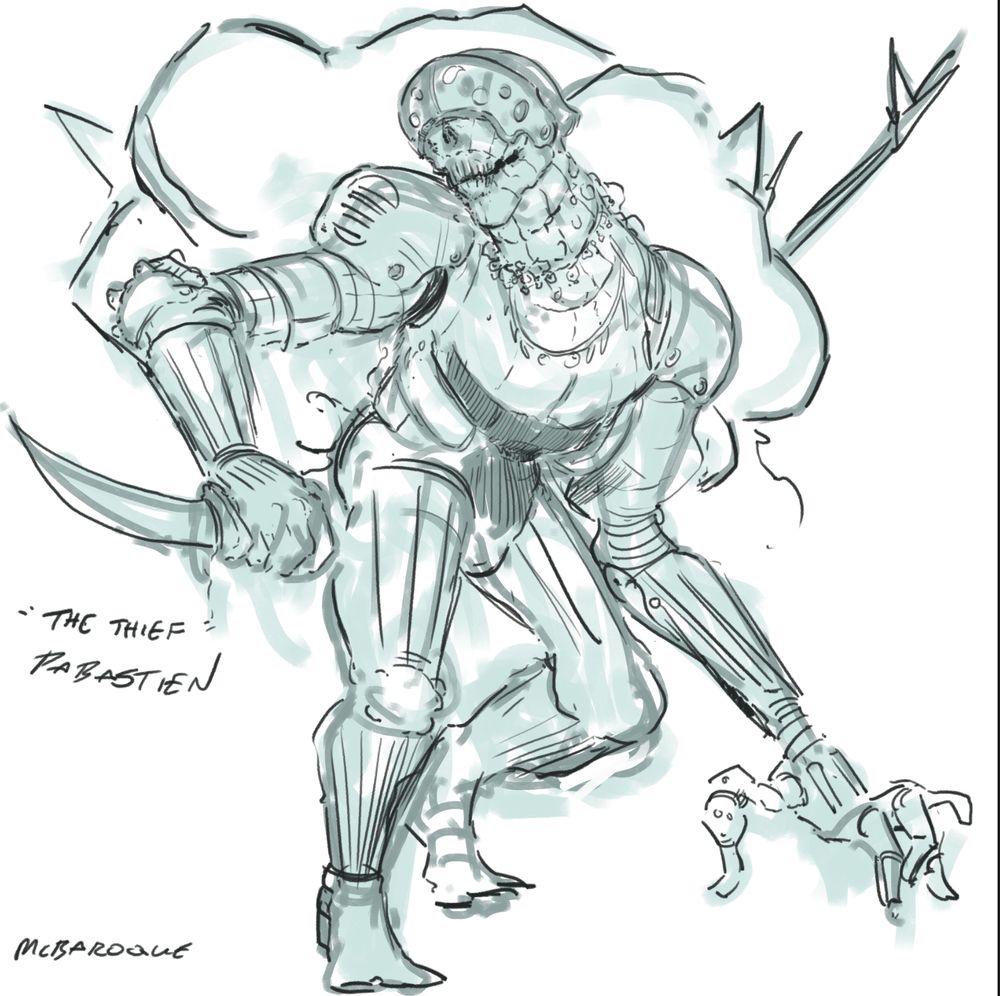 An emaciated creature with misaligned arms called the thief