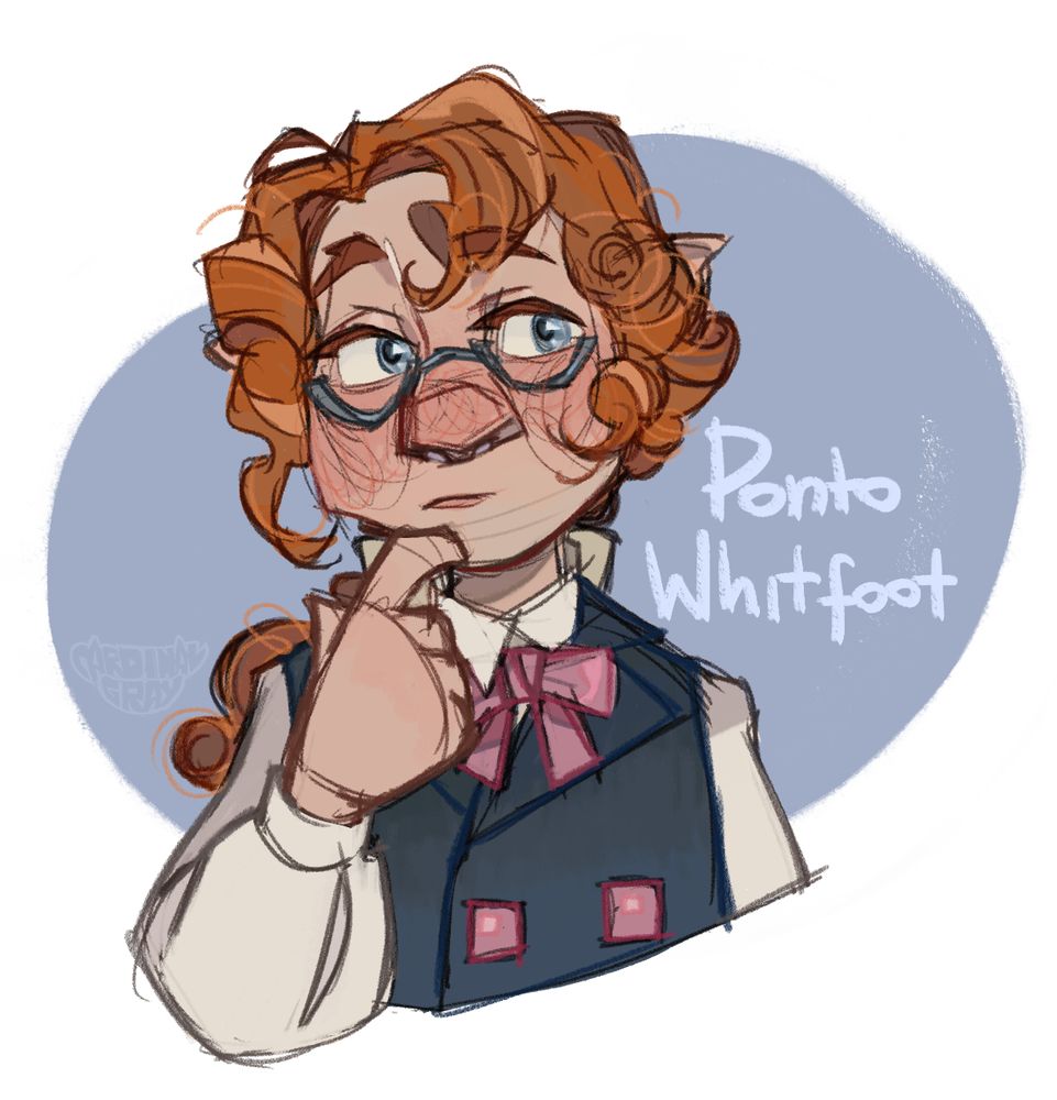 a sketch portrait of a red-headed hobbit character

his name is Ponto Whitfoot, he's a bit of a worrywart but is very kind and means well
he likes wearing clothing that's on the fancier side of things but isn't super picky! needs his glasses or else he can't see. tends to wear his long-ish curly hair in a low ponytail (usually tied using a nice little ribbon)
in the portrait he is depicted with a soft expression of being lost in thought, one hand slightly close to his face, pointer finger almost touching his chin
