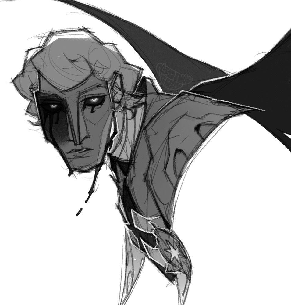 a b/w sketch of Artemys Blightsbane

he has black wings now, a metal mask with tar pouring from underneath it. his eyes are now dark with bright glowing pupils peering from the two voids. his armor is now resembling that of an undead soldier, covered in designs reminiscent of ribs and other skeletal parts.