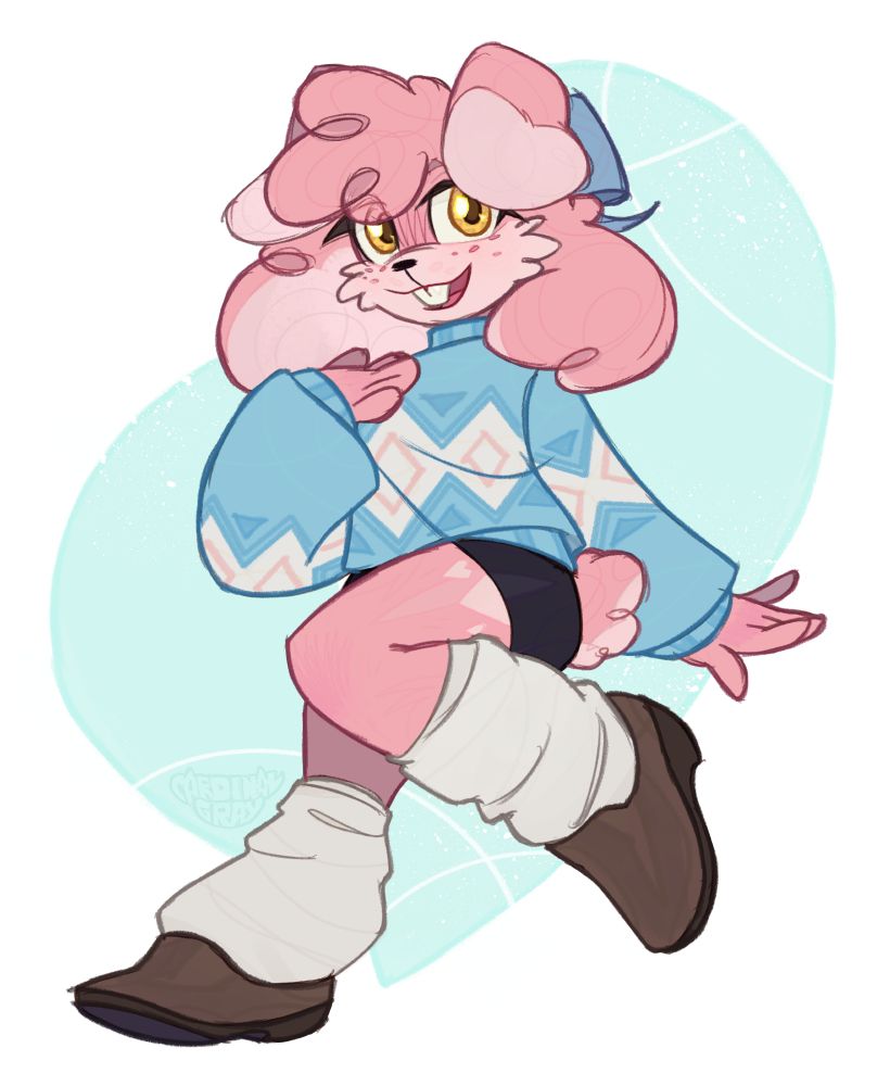 an artwork of Babble the Rabbit (she belongs to Penny Olivia aka Snapcube)

Babble is dressed in a cute and cozy outfit - a patterned sweater, shorts, high socks/legwarmers and simple shoes. There is also a bow in her hair.
She has a soft and happy expression on her face.