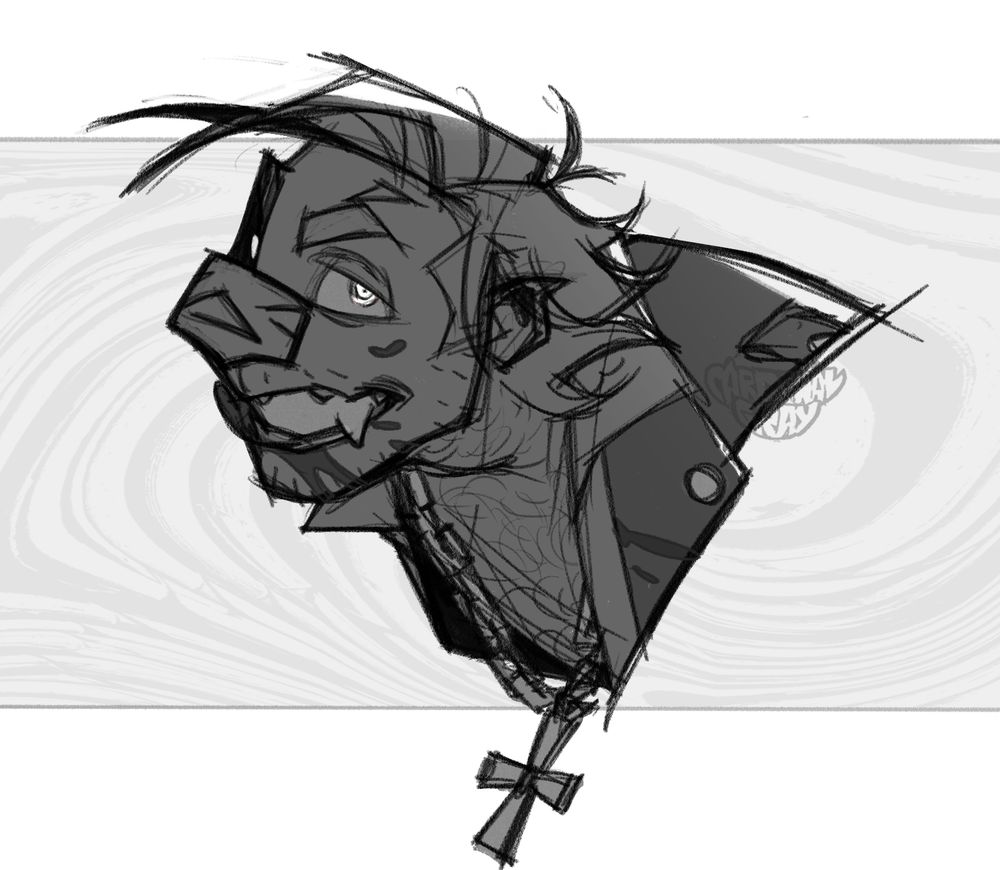 a b/w (no red accents) sketch of vampireNico

He's leaning forward with a smug and confident look on his face, teeth showing, with fangs being pretty prominent, tongue liking said teeth. A bit of blood is splattered across his face, mostly around his mouth and cheek, with some also present on the collar bits of his leather jacket. Nico has this hypnotic vibe to him here as his eyes glow in the dark.