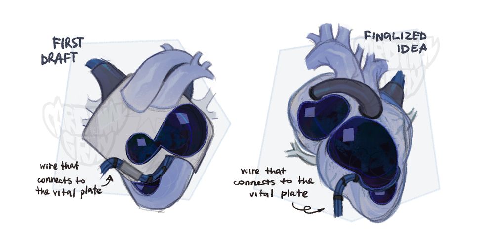 two designs of android hearts - the one on the left is a draft version and the one on the right is the finalized idea
both versions have wires and tubes coming out of the heart, there are also rounded "windows" into the hearts that show the black blood pumping inside the organ