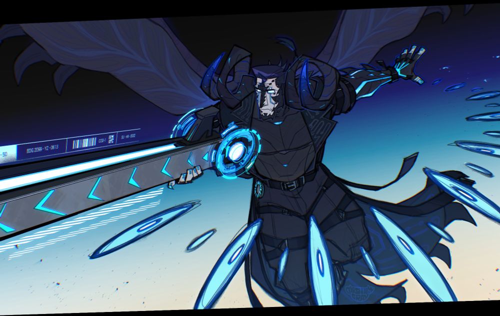 an illustration of Niners in the ff14 au (he's an au ra xaela)

he's depicted here as if he's one of the bosses of the Arcadion raid series! the beast soul he uses is that of Einhander which, after transformation gave him way more curled horns, a pair of wings, more scales all over his body (his face, tips of fingers and palm are the only parts not covered by them). the sleeves of the coat and the pant legs partially fused with his arms and legs respectively, granting this smooth transition between them.
in one hand he's carrying a gunblade transformed into a railgun (he has two modes - regular gunblade with a beam blade and a railgun - the two sides of the gunblade slide apart, the beam dissipating, revealing said other mode of the weapon), while the other one is outstretched to the side.
Niners is ready to attack his opponents with the aether-charged bullets he manifested in an almost complete circle around himself. as he's about to will them to slot into the open railgun, some cybernetic indicators are glowing around the weapon.