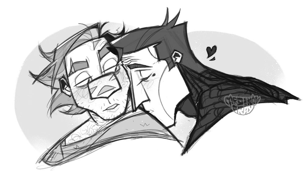 a b/w sketch of Nico and Niners
Niners is planting the gentlest of kisses on Nico's shoulder while he himself turns around to look at his android partner. Nico has a tired yet soft expression on his face, slightly blushing at the comforting display of affection from Niners/