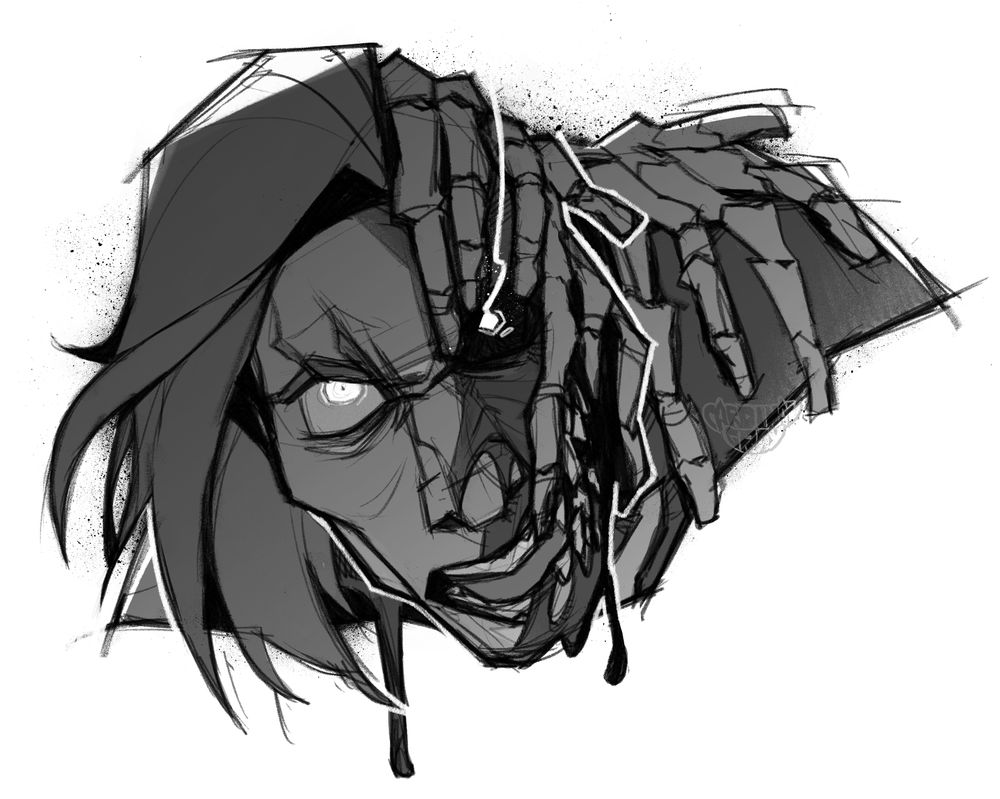 a b/w portrait sketch of possessed Ilya

There is a feral and angry energy about him, eyes focused, eyebrows furrowed and mouth agape but in an expression that is hostile. His left eye is nothing but a socket with a glowing iris. Boney fingers are covering half of his face and are crawling towards covering his shoulder.