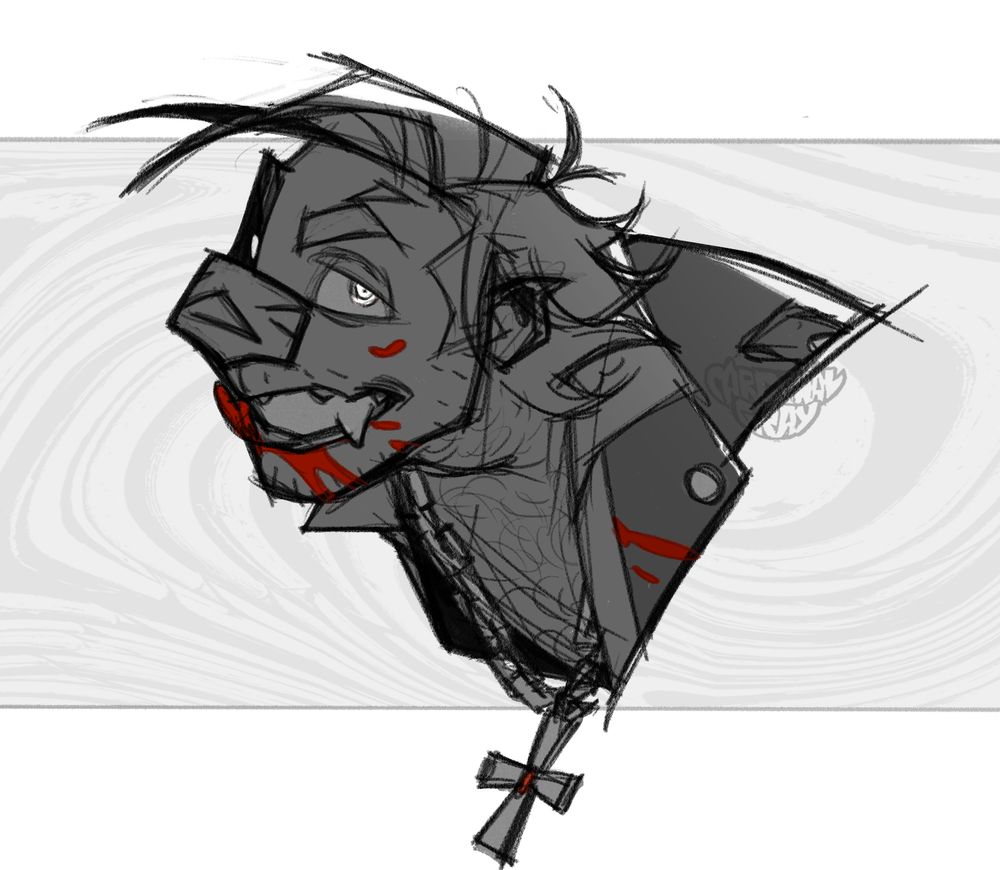a b/w (+ red accents) sketch of vampireNico

He's leaning forward with a smug and confident look on his face, teeth showing, with fangs being pretty prominent, tongue liking said teeth. A bit of blood is splattered across his face, mostly around his mouth and cheek, with some also present on the collar bits of his leather jacket. Nico has this hypnotic vibe to him here as his eyes glow in the dark.