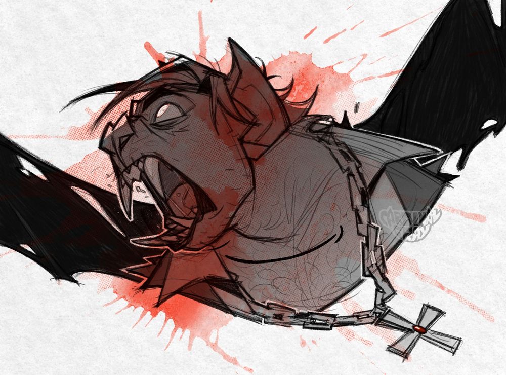 a b/w sketch (+ red accents) of vampireNico in his werebat form

He has a feral look in his eyes, mouth open with sharp teeth and long fangs poking out, ready to sink into foe or prey alike. His leather jacket is now slightly torn on the back as tattered bat wings ripped through it during the transformation.