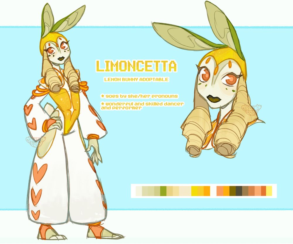 a drawing of an adoptable character - a lemon-themed bunny lady!

she's wearing a dancer outfit with a more tighter fitting body piece and free, flowy sleeves and pant legs. her outfit jas some star- and heart-shaped patterns on it.
the little headpiece paired with her ears look like a lemon with some green leaves.
her blond curls are sticking out from underneath the headpiece on each side, framing her face nicely

the text reads:
"LIMONCETTA
lemon bunny adoptable

* goes by she/her pronouns
* wonderful and skilled dancer and performer"