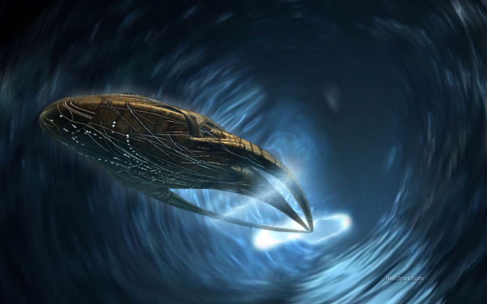 Pictured is a living starship, "Moya," from the sci-fi TV show "Farscape" initiating a "starburst," which rapidly transports the space vessel between two points in spacetime.

Image of Moya looks like a golden color teardrop with 3 curved structures extending & joining from the rear.

Blue energy like lightning rings are seen at the rear of the starship, and the starship is surrounded by a wormhole visual effect that looks similar ti a whirlpool in water.