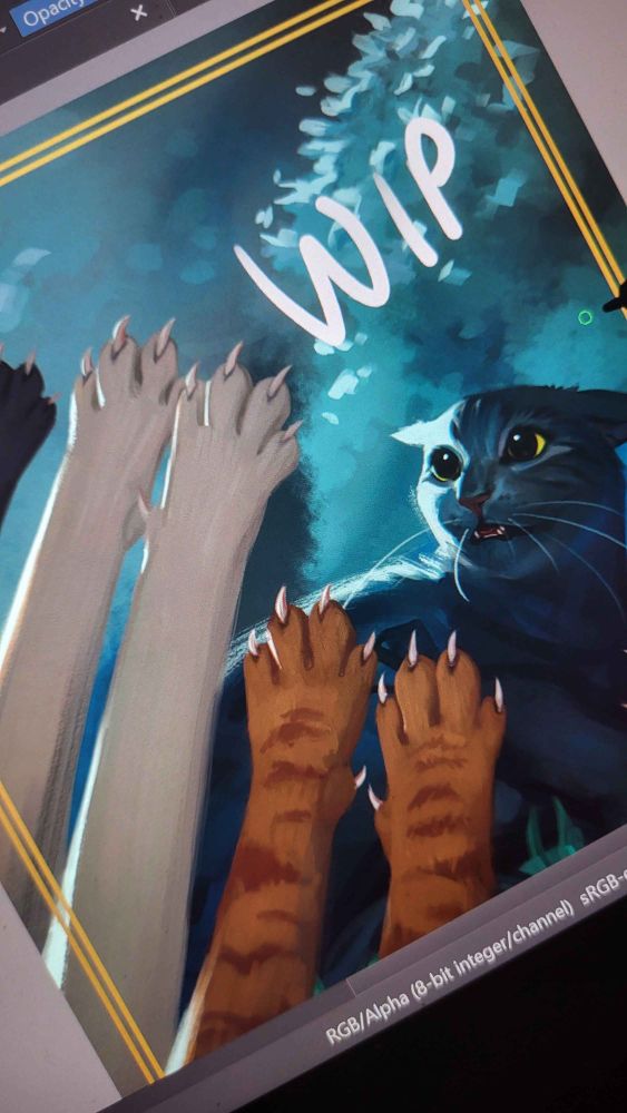 Picture of a drawing tablet displaying a wip digital painting. The painting if is a scared black cat crouching and looking up with whale eyes. Above the cat are several paws outstretched and with their claws out, aiming their attack on the lone black cat.