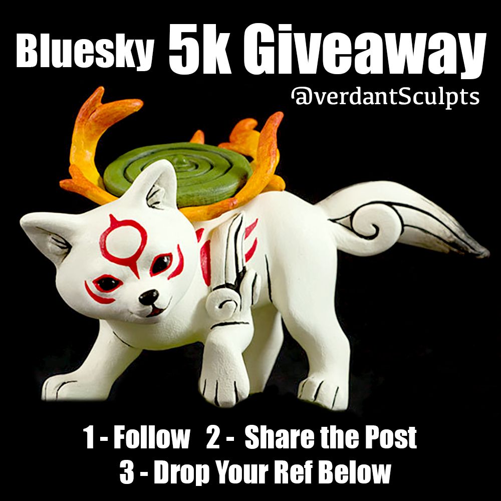 A photo of a Chibiterasu sculpture with the text "Bluesky 5k Giveway" above her.  It also lists the rules of entry.