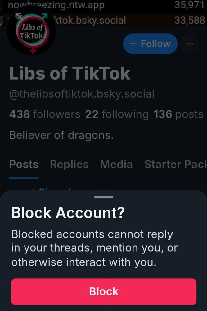 A screen shot of the Libs of TikTok Bluesky page, with a prompt to block. 