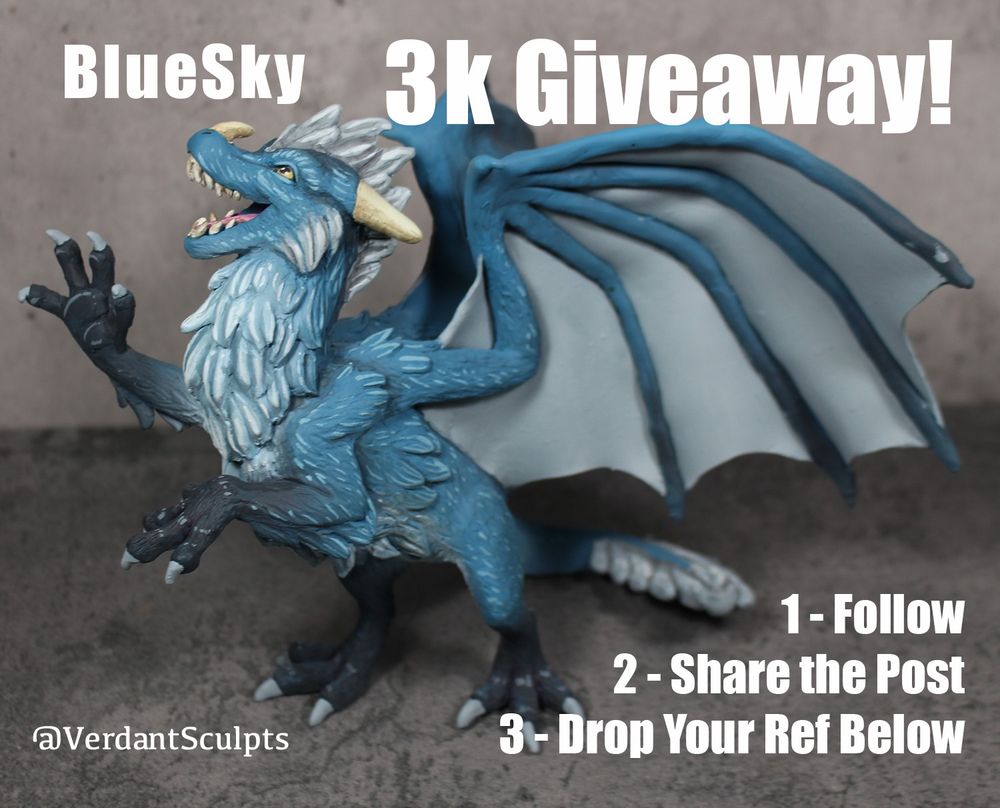 A sculpture of a fluffy blue dragon on his hind legs, pawing joyously at the air.  The text reads "BlueSky 3k Giveaway" with the instructions to enter.